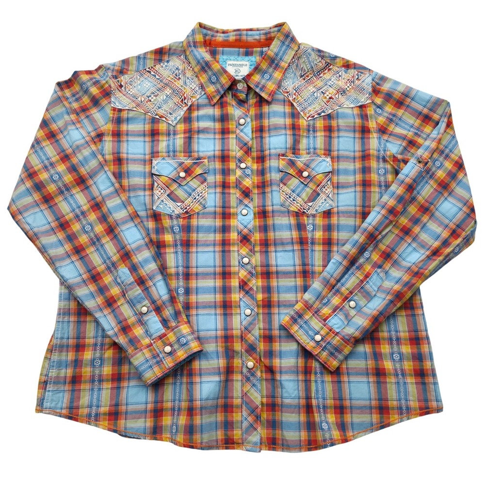 Panhandle Rough Stock Aztec Embroidered Plaid Western Snap Front Shirt Womens XL